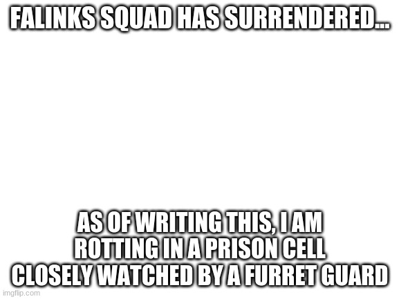 Blank White Template | FALINKS SQUAD HAS SURRENDERED... AS OF WRITING THIS, I AM ROTTING IN A PRISON CELL CLOSELY WATCHED BY A FURRET GUARD | image tagged in blank white template | made w/ Imgflip meme maker