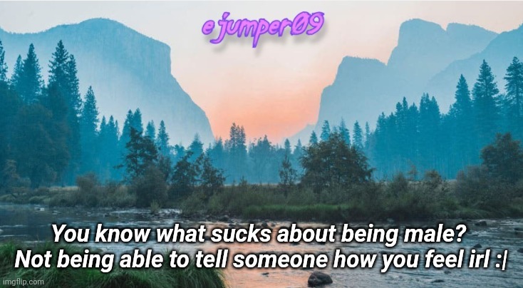 Sucks | You know what sucks about being male? 
Not being able to tell someone how you feel irl :| | image tagged in - ejumper09 - template | made w/ Imgflip meme maker