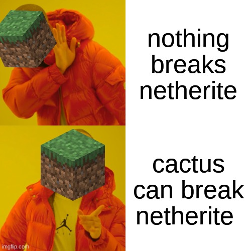 minecraft meme | nothing breaks netherite; cactus can break netherite | image tagged in memes,drake hotline bling | made w/ Imgflip meme maker