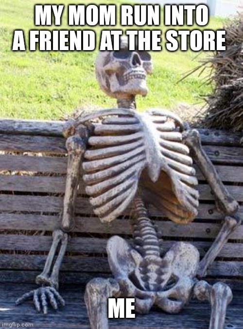 Waiting Skeleton |  MY MOM RUN INTO A FRIEND AT THE STORE; ME | image tagged in memes,waiting skeleton | made w/ Imgflip meme maker