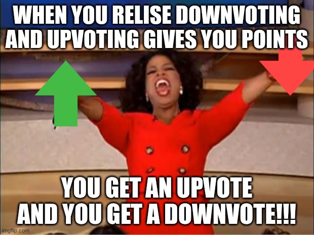 EZ POINTS |  WHEN YOU RELISE DOWNVOTING AND UPVOTING GIVES YOU POINTS; YOU GET AN UPVOTE AND YOU GET A DOWNVOTE!!! | image tagged in memes,oprah you get a | made w/ Imgflip meme maker