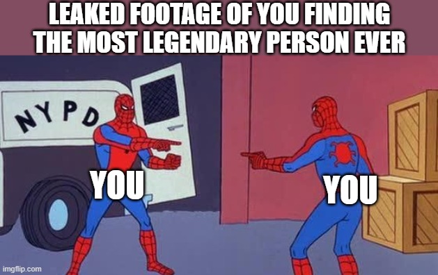 you found em! | LEAKED FOOTAGE OF YOU FINDING THE MOST LEGENDARY PERSON EVER; YOU; YOU | image tagged in spider man double | made w/ Imgflip meme maker