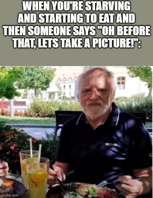I feel ya' Harold. | WHEN YOU'RE STARVING AND STARTING TO EAT AND THEN SOMEONE SAYS "OH BEFORE THAT, LETS TAKE A PICTURE!": | image tagged in harold | made w/ Imgflip meme maker