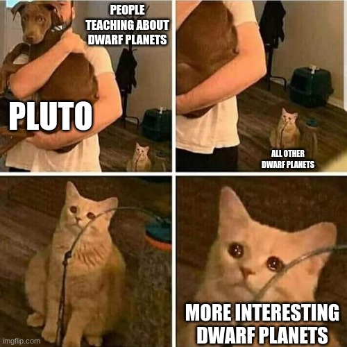 Sad Cat Holding Dog |  PEOPLE TEACHING ABOUT DWARF PLANETS; PLUTO; ALL OTHER DWARF PLANETS; MORE INTERESTING DWARF PLANETS | image tagged in sad cat holding dog | made w/ Imgflip meme maker