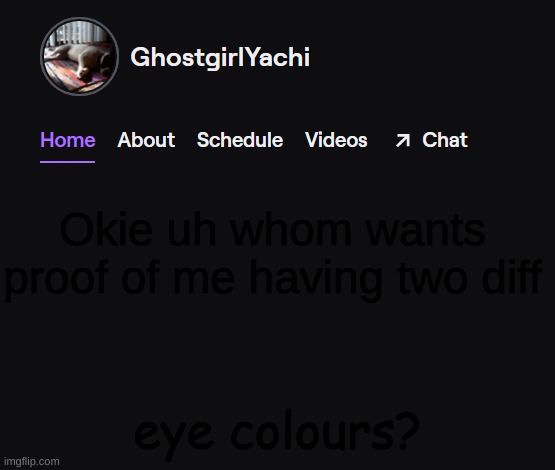 Yachi's twitch temp | Okie uh whom wants proof of me having two diff; eye colours? | image tagged in yachi's twitch temp | made w/ Imgflip meme maker