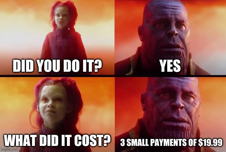 thanos what did it cost | DID YOU DO IT? YES; WHAT DID IT COST? 3 SMALL PAYMENTS OF $19.99 | image tagged in thanos what did it cost | made w/ Imgflip meme maker