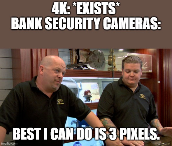 Very low resolution | 4K: *EXISTS*
BANK SECURITY CAMERAS:; BEST I CAN DO IS 3 PIXELS. | image tagged in pawn stars best i can do | made w/ Imgflip meme maker