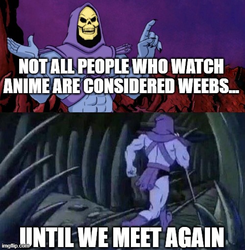 he man skeleton advices | NOT ALL PEOPLE WHO WATCH ANIME ARE CONSIDERED WEEBS... UNTIL WE MEET AGAIN | image tagged in he man skeleton advices | made w/ Imgflip meme maker