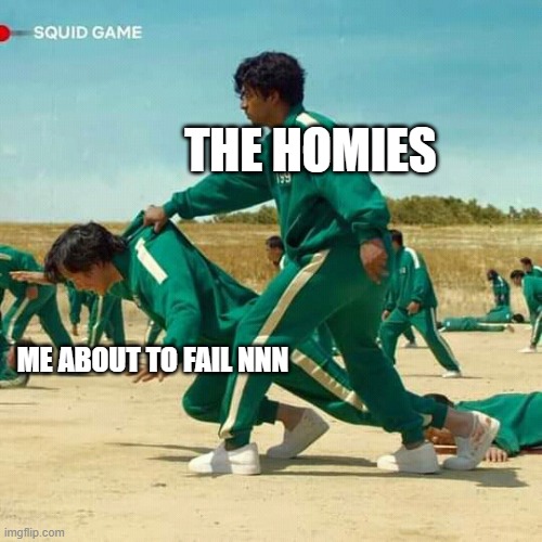 the homies got me | THE HOMIES; ME ABOUT TO FAIL NNN | image tagged in squid game | made w/ Imgflip meme maker