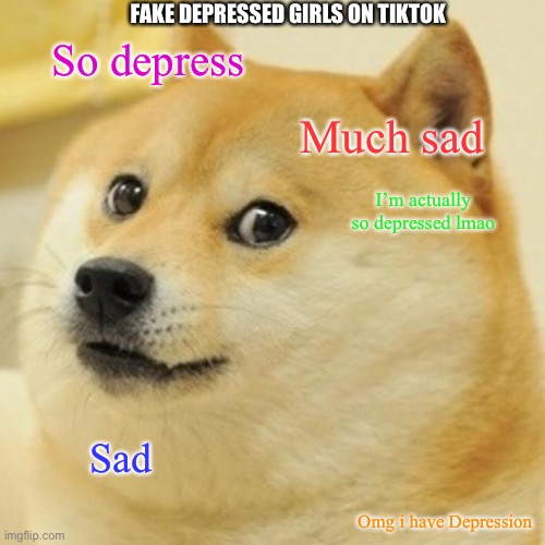 Doge Meme | FAKE DEPRESSED GIRLS ON TIKTOK; So depress; Much sad; I’m actually so depressed lmao; Sad; Omg i have Depression | image tagged in memes,doge | made w/ Imgflip meme maker
