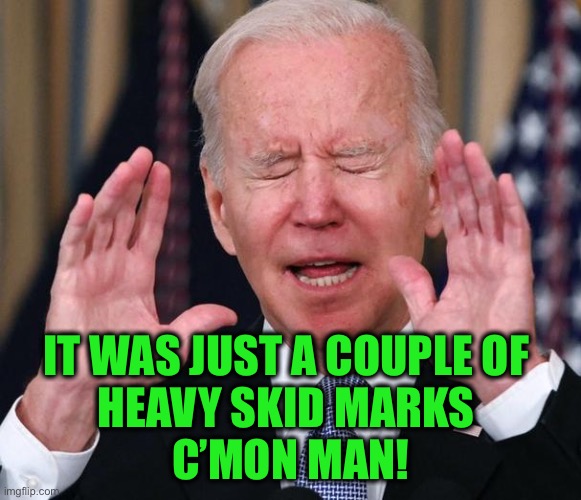 Biden stop | IT WAS JUST A COUPLE OF 
HEAVY SKID MARKS 
C’MON MAN! | image tagged in biden stop | made w/ Imgflip meme maker