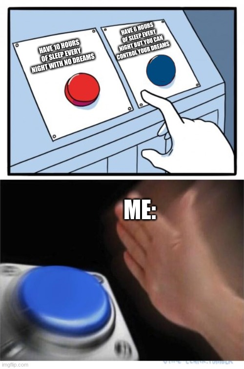 two buttons 1 blue | HAVE 6 HOURS OF SLEEP EVERY NIGHT BUT YOU CAN CONTROL YOUR DREAMS; HAVE 10 HOURS OF SLEEP EVERY NIGHT WITH NO DREAMS; ME: | image tagged in two buttons 1 blue | made w/ Imgflip meme maker