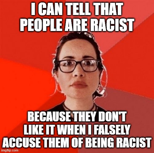 How SJWs can tell that people are racist | I CAN TELL THAT PEOPLE ARE RACIST; BECAUSE THEY DON'T LIKE IT WHEN I FALSELY ACCUSE THEM OF BEING RACIST | image tagged in liberal douche garofalo,sjws,regressive left,liberal logic,stupid liberals | made w/ Imgflip meme maker
