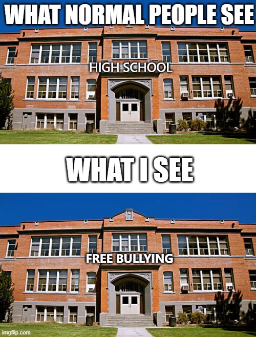 Is it only me? |  WHAT NORMAL PEOPLE SEE; HIGH SCHOOL; WHAT I SEE; FREE BULLYING | image tagged in school above each other,bullying,sad truth | made w/ Imgflip meme maker
