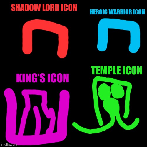 Icons in the game that my OCs will be in. Cory the apple is a heroic warrior for example | HEROIC WARRIOR ICON; SHADOW LORD ICON; TEMPLE ICON; KING'S ICON | image tagged in memes,blank transparent square | made w/ Imgflip meme maker