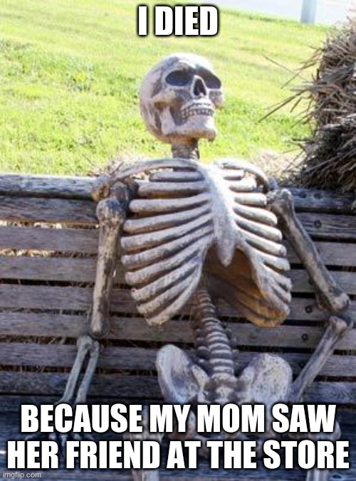 Waiting Skeleton |  I DIED; BECAUSE MY MOM SAW HER FRIEND AT THE STORE | image tagged in memes,waiting skeleton | made w/ Imgflip meme maker