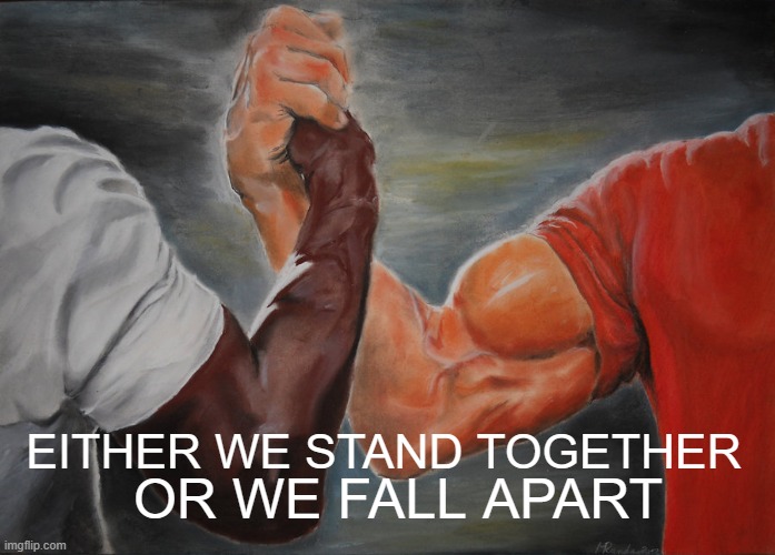Together | EITHER WE STAND TOGETHER; OR WE FALL APART | image tagged in epic handshake,stand together,end racism,racism,brotherhood,peace | made w/ Imgflip meme maker