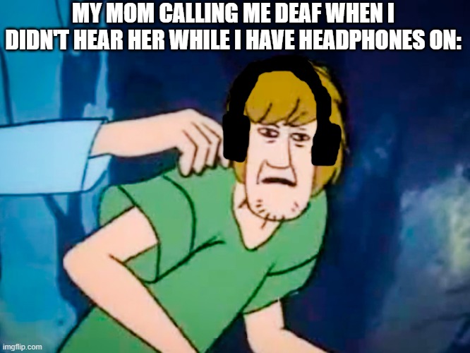 my mom could've just told me to take off the headphones :( | MY MOM CALLING ME DEAF WHEN I DIDN'T HEAR HER WHILE I HAVE HEADPHONES ON: | image tagged in shaggy meme | made w/ Imgflip meme maker