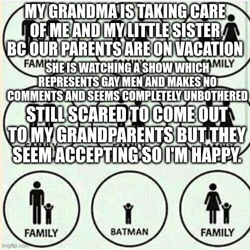 quite nice | MY GRANDMA IS TAKING CARE OF ME AND MY LITTLE SISTER BC OUR PARENTS ARE ON VACATION; SHE IS WATCHING A SHOW WHICH REPRESENTS GAY MEN AND MAKES NO COMMENTS AND SEEMS COMPLETELY UNBOTHERED; STILL SCARED TO COME OUT TO MY GRANDPARENTS BUT THEY SEEM ACCEPTING SO I'M HAPPY. | image tagged in why are you reading this | made w/ Imgflip meme maker