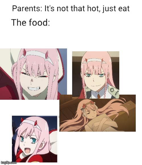 MY WAIFU FOR LIFEeeeeeeeee | image tagged in the food isn't that hot,zero two,waifu,anime,ditf,darling in the franxx | made w/ Imgflip meme maker