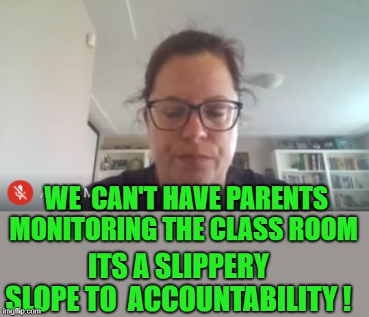 yep | ITS A SLIPPERY SLOPE TO  ACCOUNTABILITY ! WE  CAN'T HAVE PARENTS MONITORING THE CLASS ROOM | image tagged in democrats | made w/ Imgflip meme maker