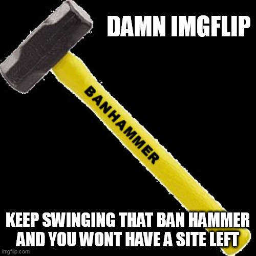 Ban Hammer | DAMN IMGFLIP; KEEP SWINGING THAT BAN HAMMER AND YOU WONT HAVE A SITE LEFT | image tagged in ban hammer | made w/ Imgflip meme maker