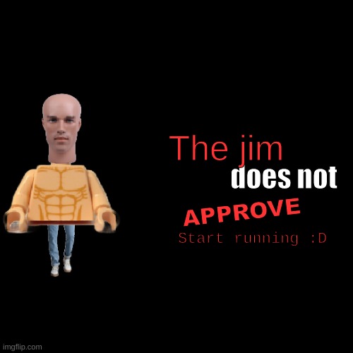 The jim does not approve. | The jim; does not; APPROVE; Start running :D | image tagged in run | made w/ Imgflip meme maker