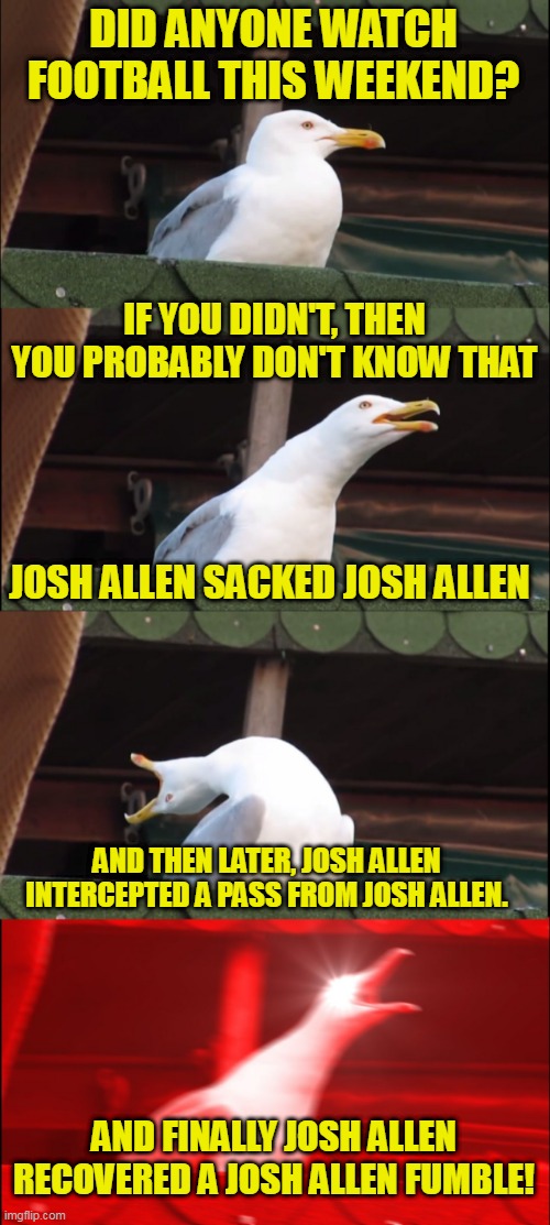 Inhaling Seagull Meme | DID ANYONE WATCH FOOTBALL THIS WEEKEND? IF YOU DIDN'T, THEN YOU PROBABLY DON'T KNOW THAT; JOSH ALLEN SACKED JOSH ALLEN; AND THEN LATER, JOSH ALLEN INTERCEPTED A PASS FROM JOSH ALLEN. AND FINALLY JOSH ALLEN RECOVERED A JOSH ALLEN FUMBLE! | image tagged in memes,inhaling seagull,nfl,nfl memes,josh allen,buffalo bills | made w/ Imgflip meme maker