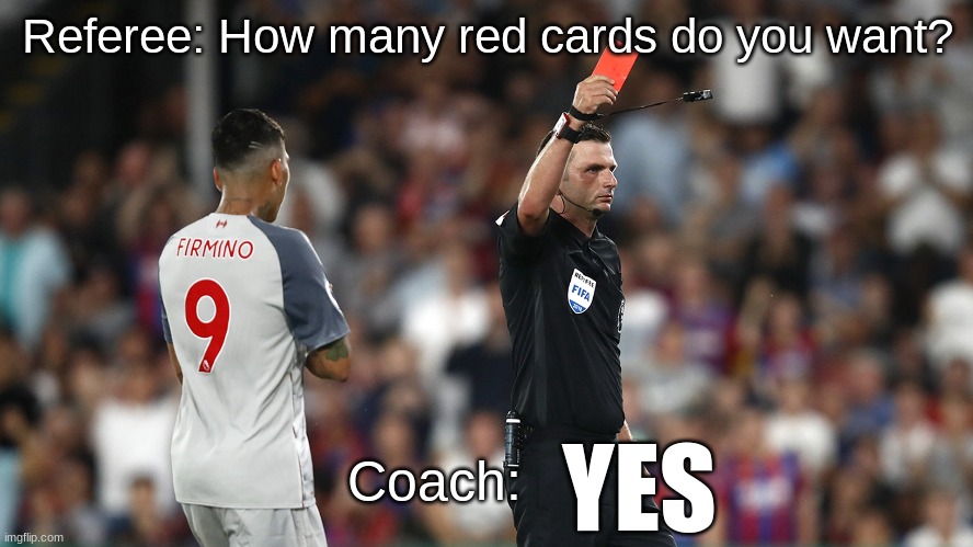 YES | Referee: How many red cards do you want? YES; Coach: | image tagged in soccer,funny,sports | made w/ Imgflip meme maker