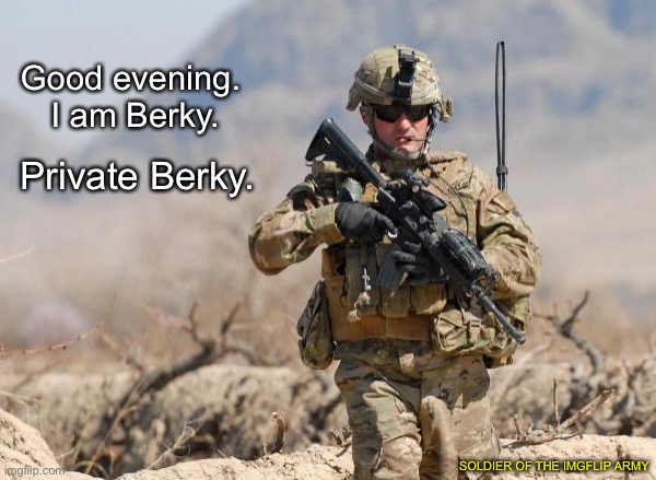 tada.  new to this stream | Good evening.  I am Berky. Private Berky. SOLDIER OF THE IMGFLIP ARMY | image tagged in army soldier | made w/ Imgflip meme maker
