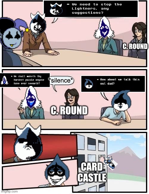 Boardroom Meeting Suggestion (Deltarune Edition) | C. ROUND; *silence*; C. ROUND; CARD CASTLE | image tagged in memes,boardroom meeting suggestion,deltarune | made w/ Imgflip meme maker