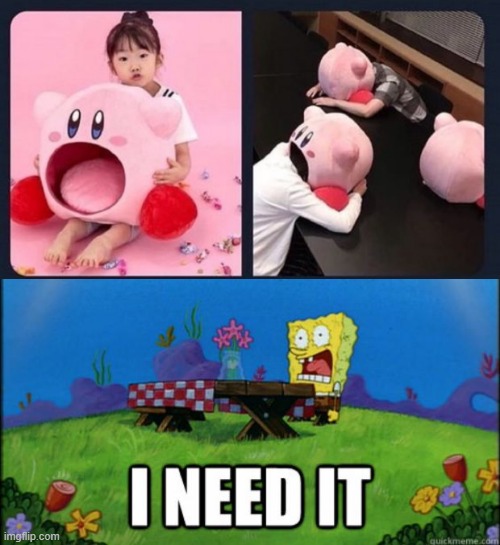 KIRBY PILLOW. BLOCKS OUT SOUND | image tagged in spongebob i need it,kirby,pillow | made w/ Imgflip meme maker