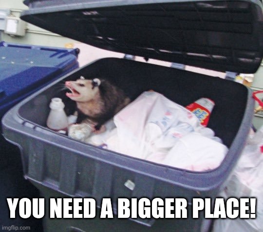 Trash Possum | YOU NEED A BIGGER PLACE! | image tagged in trash possum | made w/ Imgflip meme maker