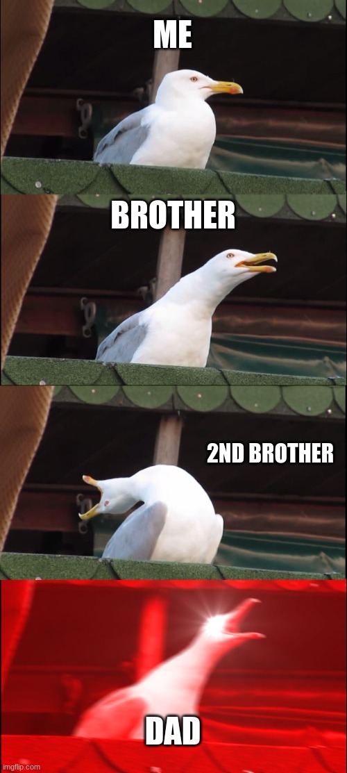 when a KFC ad plays | ME; BROTHER; 2ND BROTHER; DAD | image tagged in memes,inhaling seagull,kfc | made w/ Imgflip meme maker