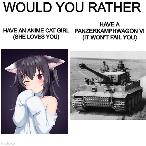 Which one? | WOULD YOU RATHER; HAVE A PANZERKAMPHWAGON VI
(IT WON’T FAIL YOU); HAVE AN ANIME CAT GIRL
(SHE LOVES YOU) | image tagged in memes,meme,random tag i decided to put | made w/ Imgflip meme maker