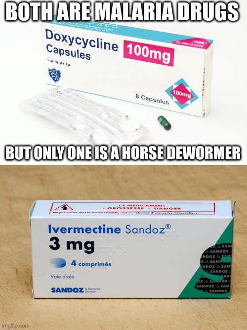 They're Lying To You! | BOTH ARE MALARIA DRUGS; BUT ONLY ONE IS A HORSE DEWORMER | image tagged in covid-19,antivirals,big pharma | made w/ Imgflip meme maker