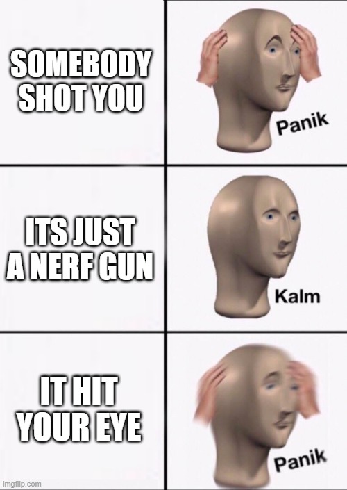 oh no | SOMEBODY SHOT YOU; ITS JUST A NERF GUN; IT HIT YOUR EYE | image tagged in stonks panic calm panic | made w/ Imgflip meme maker