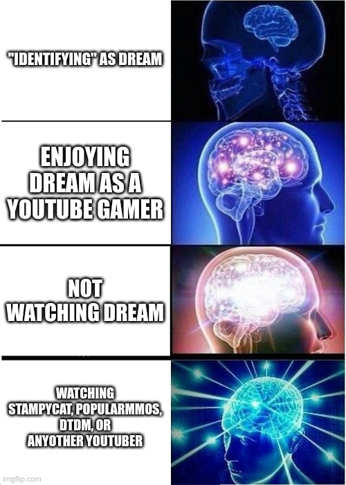 Expanding Brain | "IDENTIFYING" AS DREAM; ENJOYING DREAM AS A YOUTUBE GAMER; NOT WATCHING DREAM; WATCHING STAMPYCAT, POPULARMMOS, DTDM, OR ANYOTHER YOUTUBER | image tagged in memes,expanding brain,dream | made w/ Imgflip meme maker