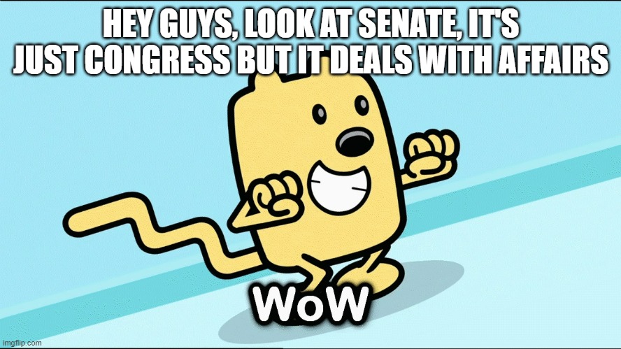 Another thing that will not be used often | HEY GUYS, LOOK AT SENATE, IT'S JUST CONGRESS BUT IT DEALS WITH AFFAIRS | image tagged in wubbzy wow | made w/ Imgflip meme maker