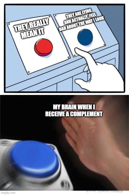 True or nah | THEY ARE LYING AND ACTUALLY  FEEL BAD ABOUT THE WAY I LOOK; THEY REALLY MEAN IT; MY BRAIN WHEN I RECEIVE A COMPLEMENT | image tagged in two buttons 1 blue | made w/ Imgflip meme maker