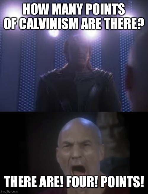 4 lights | HOW MANY POINTS OF CALVINISM ARE THERE? THERE ARE! FOUR! POINTS! | image tagged in 4 lights | made w/ Imgflip meme maker