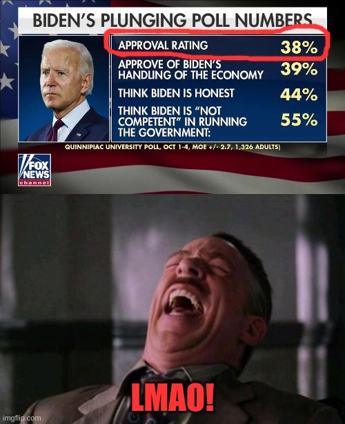 38% approval rating. I bet you it could be lower than that | LMAO! | image tagged in politics,biden,approval,conservatives | made w/ Imgflip meme maker