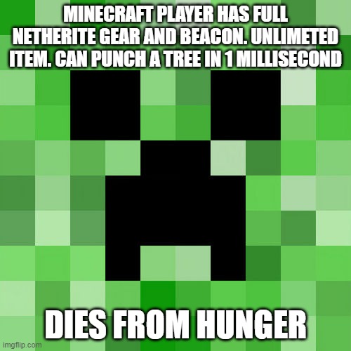 STRONGE MAN |  MINECRAFT PLAYER HAS FULL NETHERITE GEAR AND BEACON. UNLIMETED ITEM. CAN PUNCH A TREE IN 1 MILLISECOND; DIES FROM HUNGER | image tagged in memes,scumbag minecraft | made w/ Imgflip meme maker