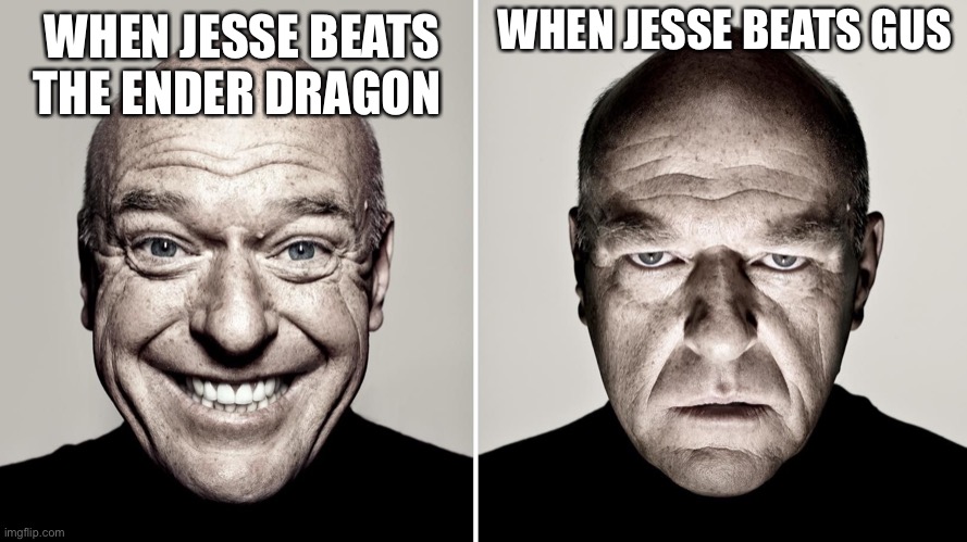 Dean Norris in Minecraft |  WHEN JESSE BEATS GUS; WHEN JESSE BEATS THE ENDER DRAGON | image tagged in dean norris's reaction,minecraft,quackity | made w/ Imgflip meme maker