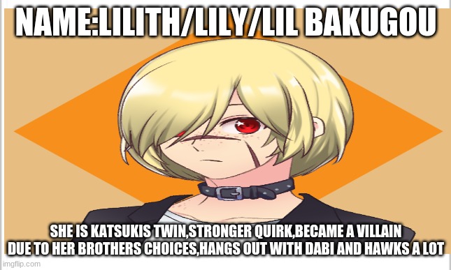 NAME:LILITH/LILY/LIL BAKUGOU SHE IS KATSUKIS TWIN,STRONGER QUIRK,BECAME A VILLAIN DUE TO HER BROTHERS CHOICES,HANGS OUT WITH DABI AND HAWKS  | made w/ Imgflip meme maker