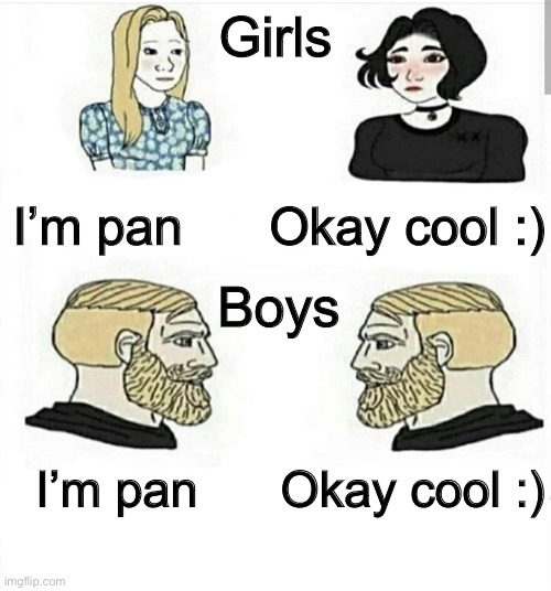 Wow I can’t believe it’s the same :0000 | Girls; I’m pan      Okay cool :); Boys; I’m pan      Okay cool :) | image tagged in girls boys,omg,wow,who knew,i didnt | made w/ Imgflip meme maker
