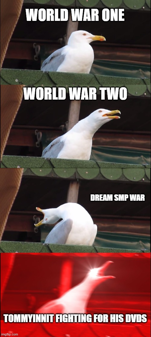 wars? | WORLD WAR ONE; WORLD WAR TWO; DREAM SMP WAR; TOMMYINNIT FIGHTING FOR HIS DVDS | image tagged in memes,inhaling seagull | made w/ Imgflip meme maker