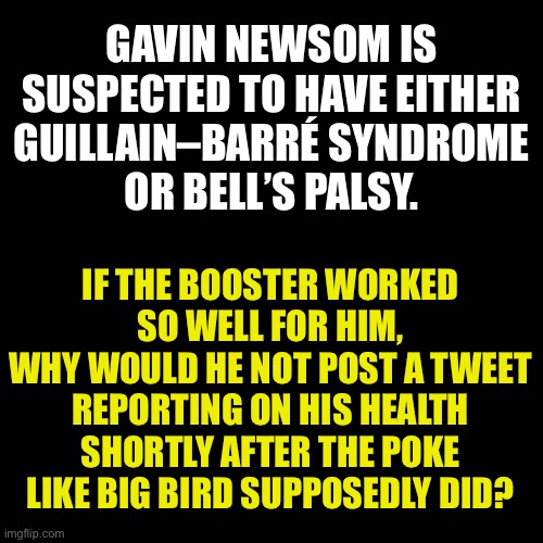 I hope Newsom is okay. Something is being hidden. | GAVIN NEWSOM IS SUSPECTED TO HAVE EITHER
GUILLAIN–BARRÉ SYNDROME
OR BELL’S PALSY. IF THE BOOSTER WORKED SO WELL FOR HIM,
WHY WOULD HE NOT POST A TWEET REPORTING ON HIS HEALTH SHORTLY AFTER THE POKE LIKE BIG BIRD SUPPOSEDLY DID? | image tagged in black box,memes,gavin newsom,big bird,media,vaccine | made w/ Imgflip meme maker