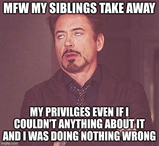 i hate it when this happens |  MFW MY SIBLINGS TAKE AWAY; MY PRIVILGES EVEN IF I COULDN'T ANYTHING ABOUT IT AND I WAS DOING NOTHING WRONG | image tagged in tony stark,siblings,sibling rivalry,mfw,sigh,privilege | made w/ Imgflip meme maker
