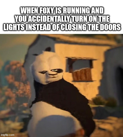 True story. | WHEN FOXY IS RUNNING AND YOU ACCIDENTALLY TURN ON THE LIGHTS INSTEAD OF CLOSING THE DOORS | image tagged in drunk kung fu panda,fnaf,foxy,foxy running,oops | made w/ Imgflip meme maker